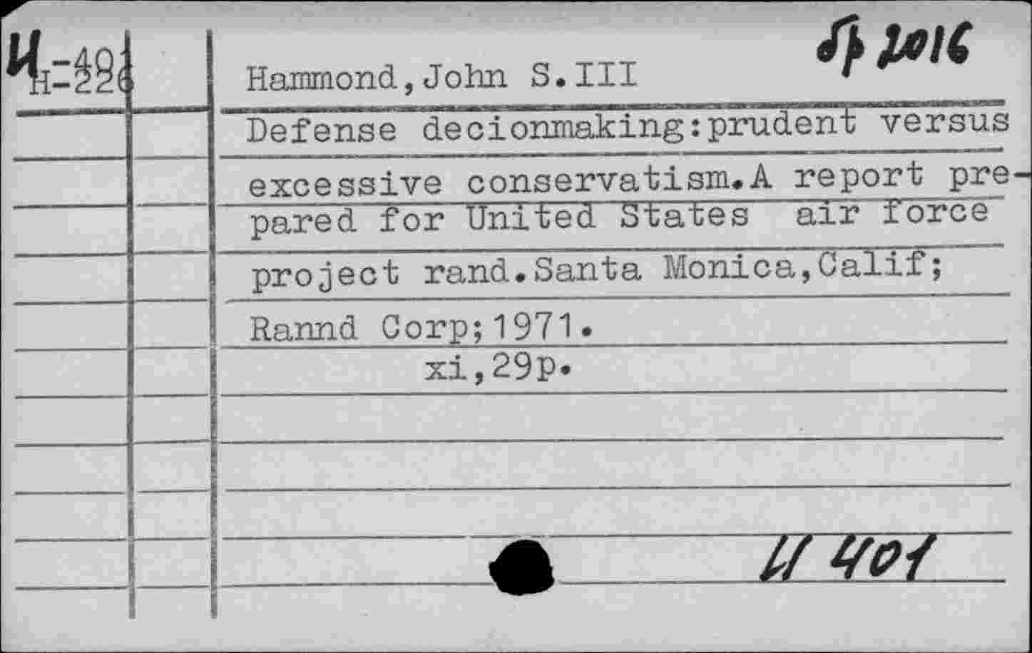 ﻿r		Hammond,John S.III
		Defense decionmaking:prudent versus
		excessive conservatism.A report pre-
		pared for United States air iorce
		project rand.Santa Monica,Calif;
—		Rannd Corp;1971« xi,29p*
		
—			♦	Z/ W ~